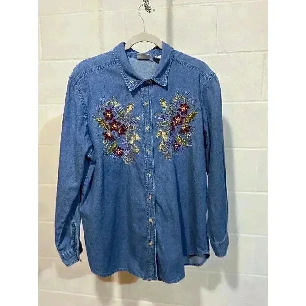 VTG Bobby Brooks Women‎ 14W/16W Denim Shirt Embroidered Floral Button up 90s 80s
